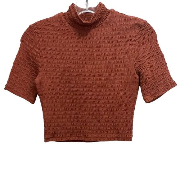 NWT A.L.C. Dana Smocked Top Short Sleeve Cropped in Deep Amber Brown Size S - Picture 2 of 7